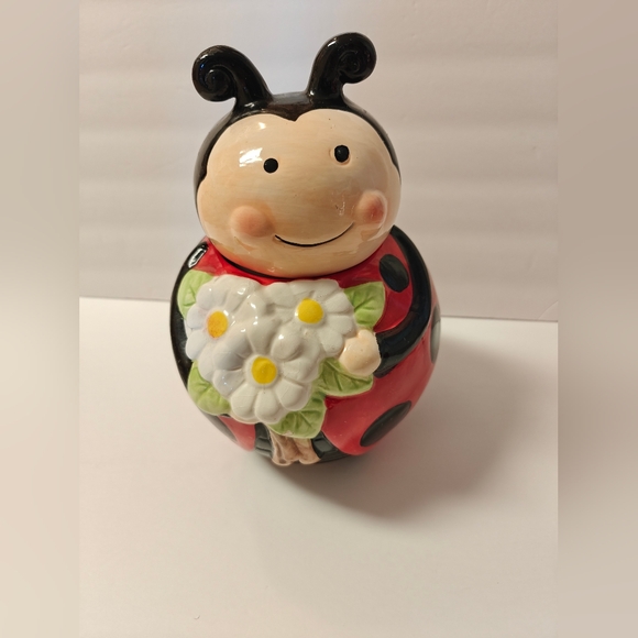 Other - Ladybug Hugging Daisy Cookie Jar, Anthropomorphic Ladybug Ceramic Cookie Jar